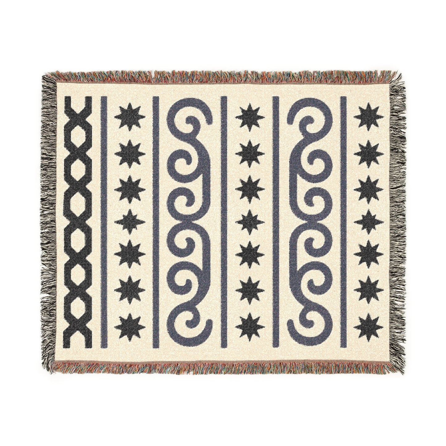Cream & Charcoal Boho Star and Wave Woven Throw Blanket - Illyrian Weave