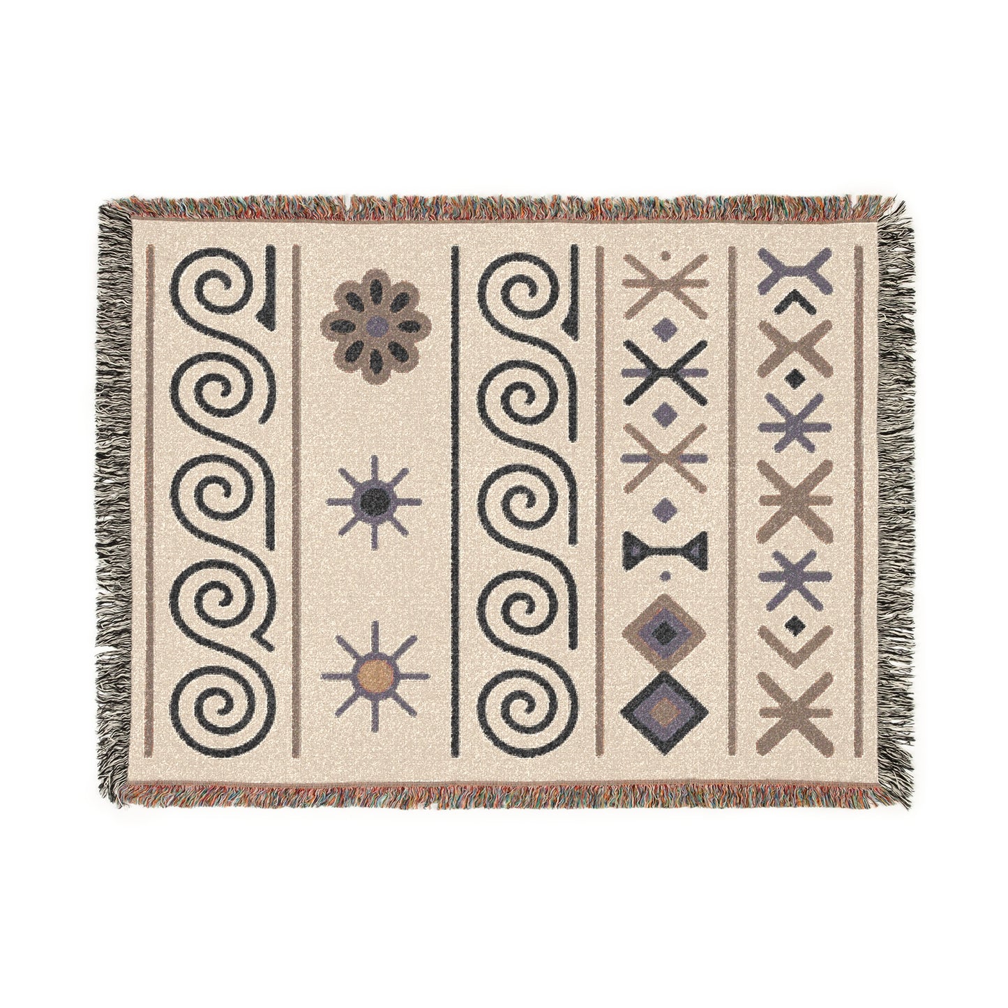 Copy of Cream, Charcoal & Taupe Boho Sun and Geometric Woven Throw Blanket - Illyrian Weave
