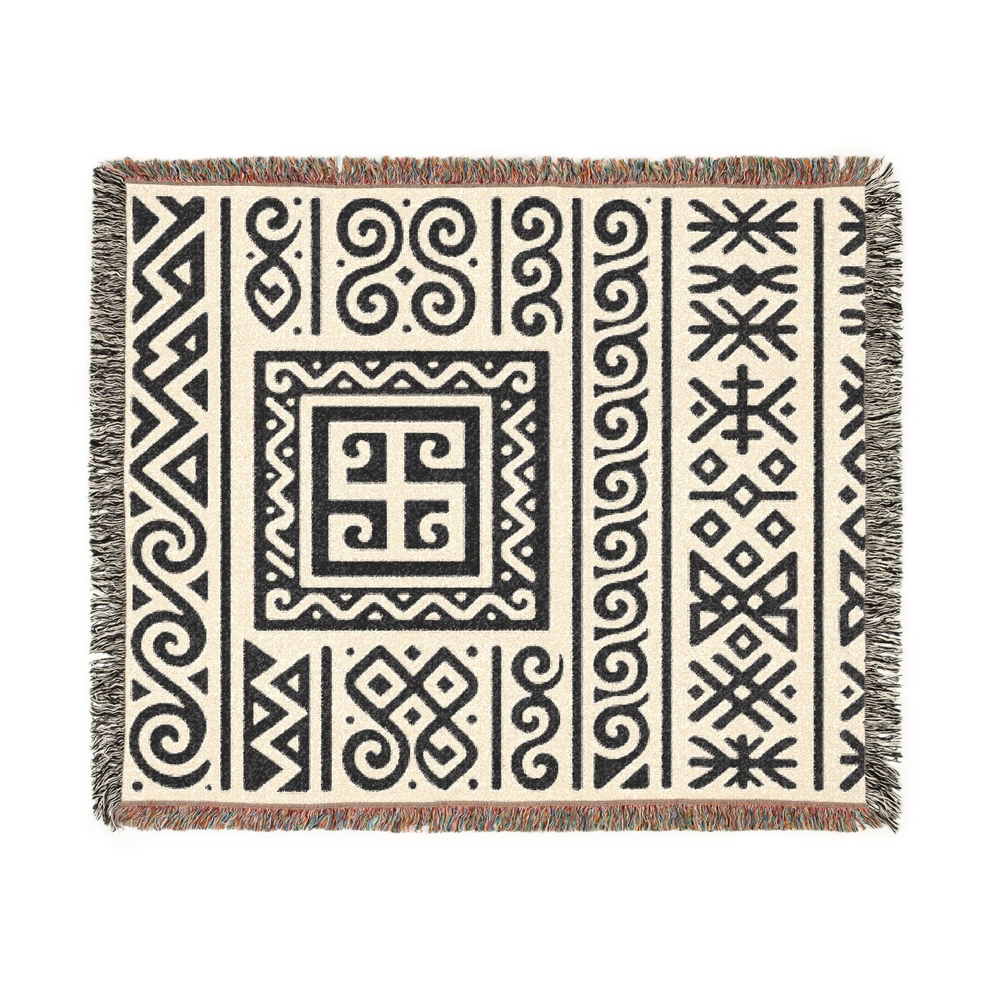 Cream & Charcoal Boho Heritage Geometric Woven Throw Blanket - Illyrian Weave