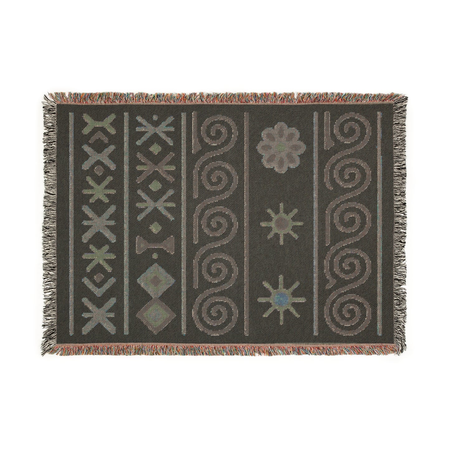 Cream, Charcoal & Taupe Boho Sun and Geometric Woven Throw Blanket - Illyrian Weave