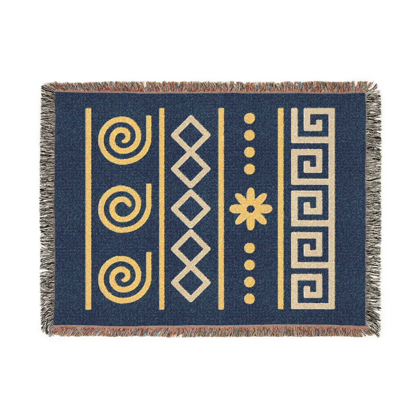 Illyrian Weave - Boho Golden Spiral Woven Throw Blanket in Ochre & Deep Blue