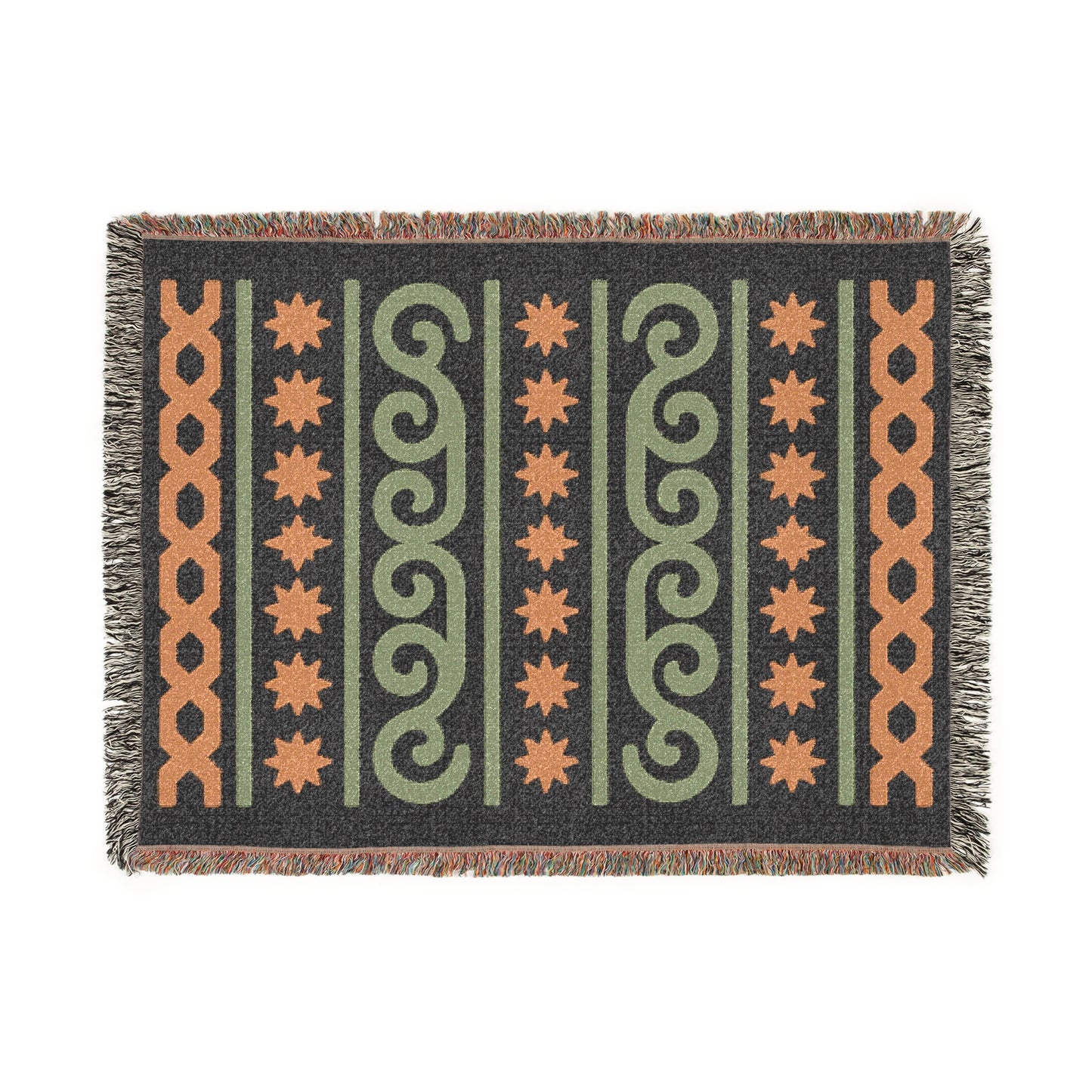 Black, Sage and Terracotta Boho Star & Wave Woven Throw Blanket - Illyrian Weave