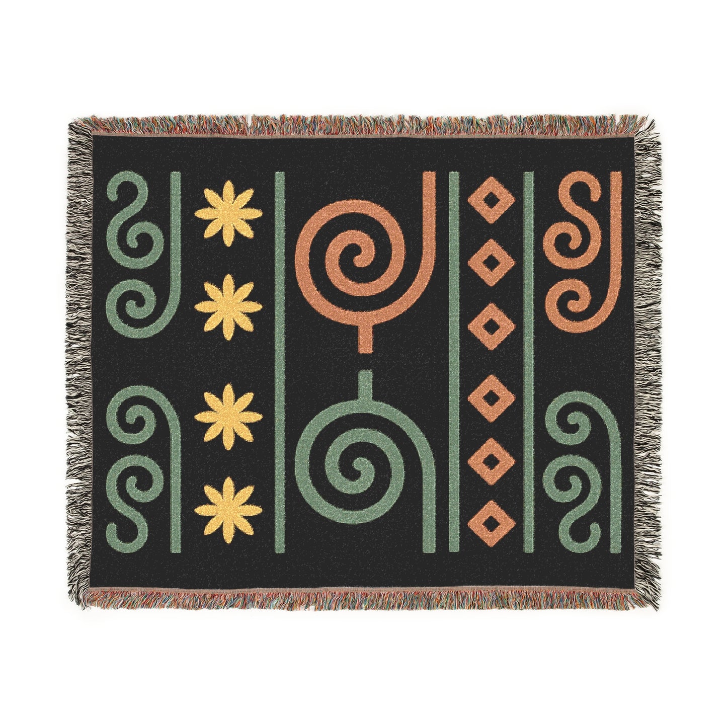 Black, Sage and Terracotta Boho Spiral & Diamond Woven Throw Blanket - Illyrian Weave