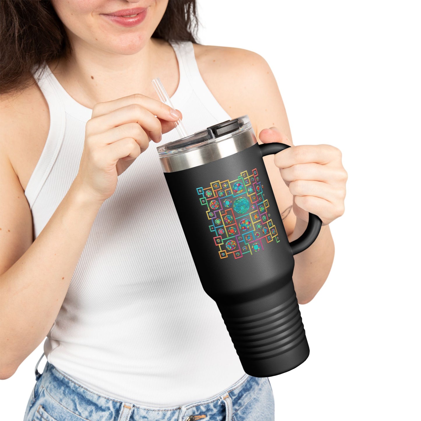 Geometric Heritage Insulated Travel Mug - Minimalist Black & White Edition