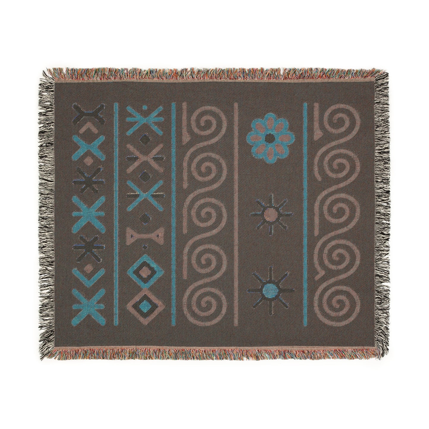 Black, Teal and Sunset Boho Sunburst Symbol Woven Throw Blanket - llyrian Weave