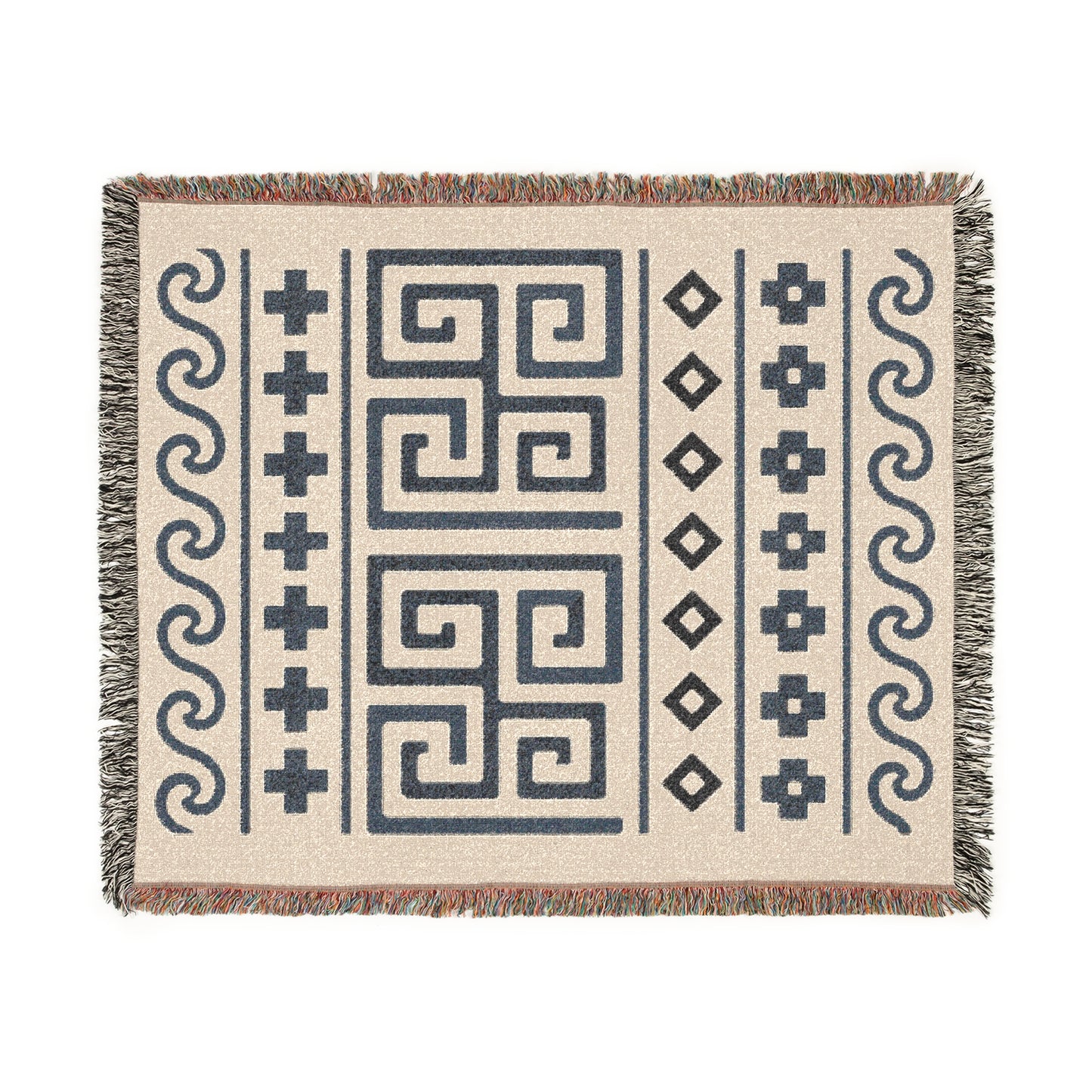 Cream & Charcoal Boho Cross and Maze Geometric Woven Throw Blanket - Illyrian Weave