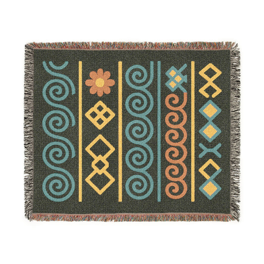 Forest Green, Teal & Sunset Boho Geometric Symbol Woven Throw Blanket - Illyrian Weave