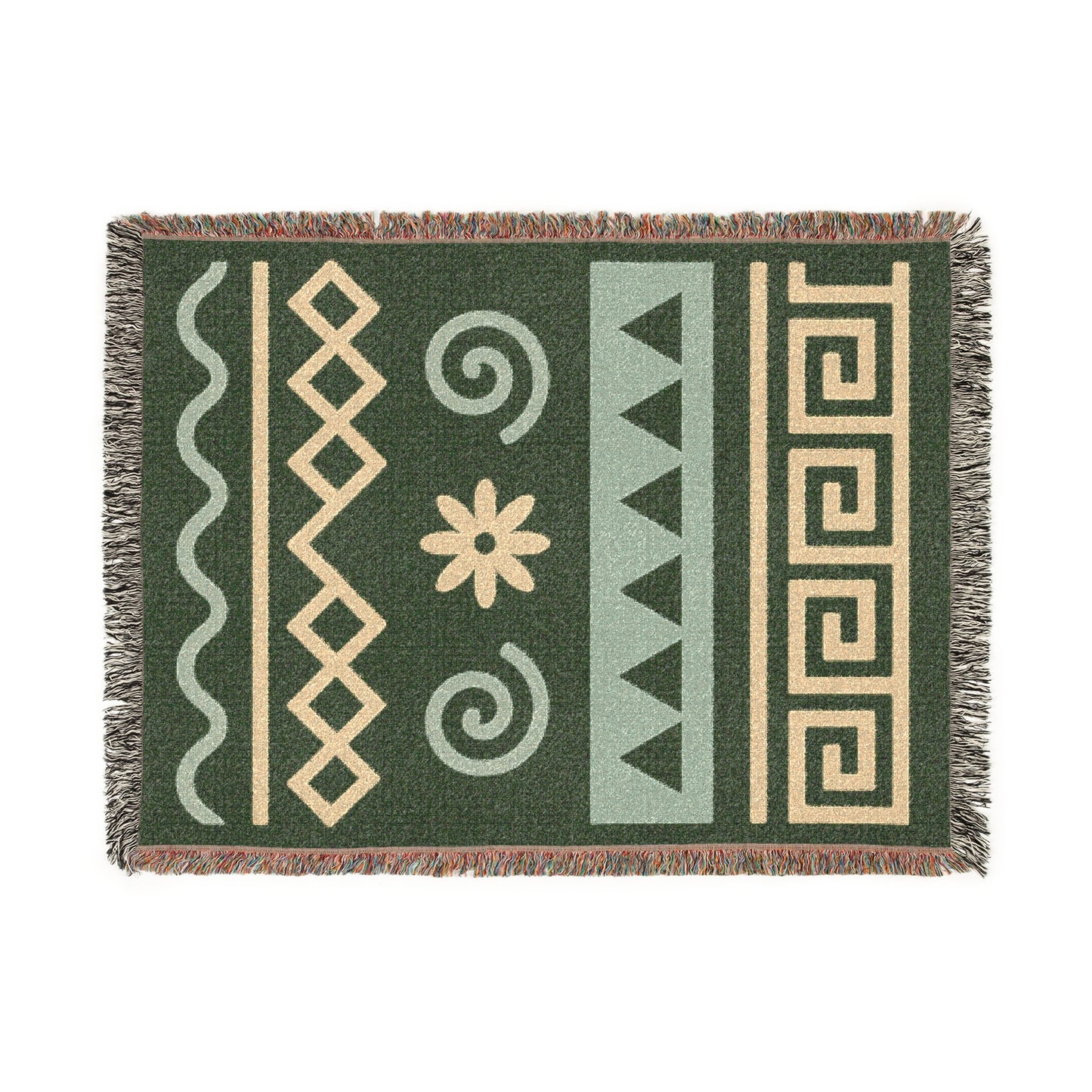 Sage Green & Soft Gold Boho Tribal Harmony Woven Throw Blanket - Illyrian Weave