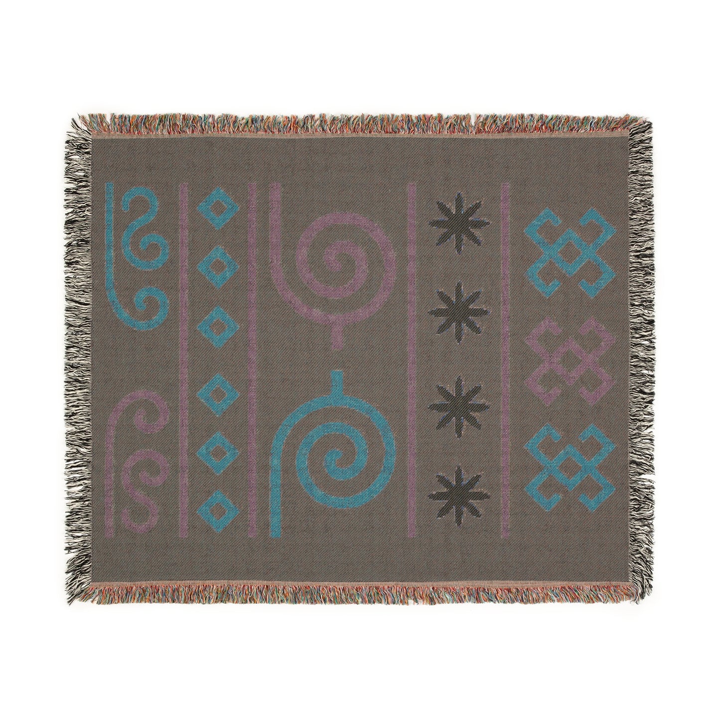 Navy, Terracotta & Sage Boho Tribal Symbol Woven Throw Blanket - Illyrian Weave