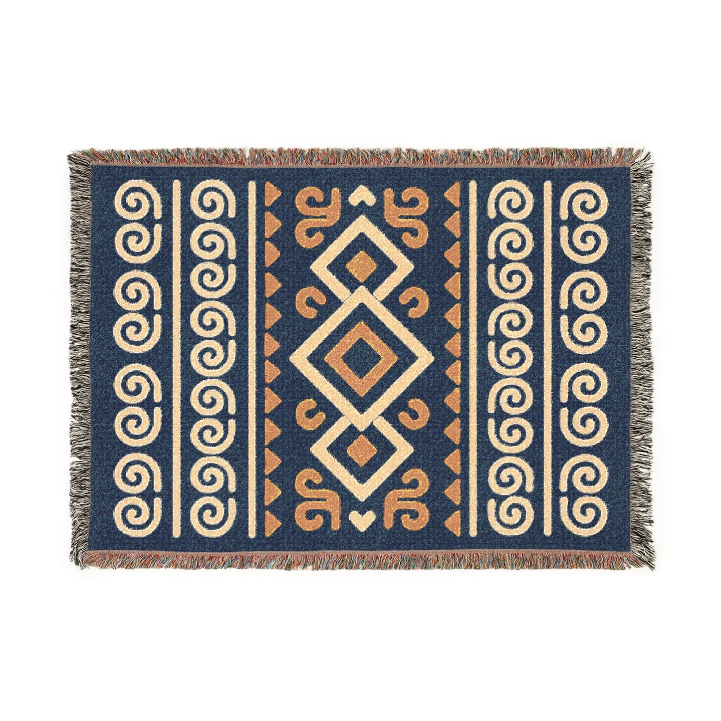 Navy, Gold and Cream Boho Diamond Spiral Woven Throw Blanket - Illyrian Weave