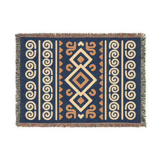 Navy, Gold and Cream Boho Diamond Spiral Woven Throw Blanket - Illyrian Weave