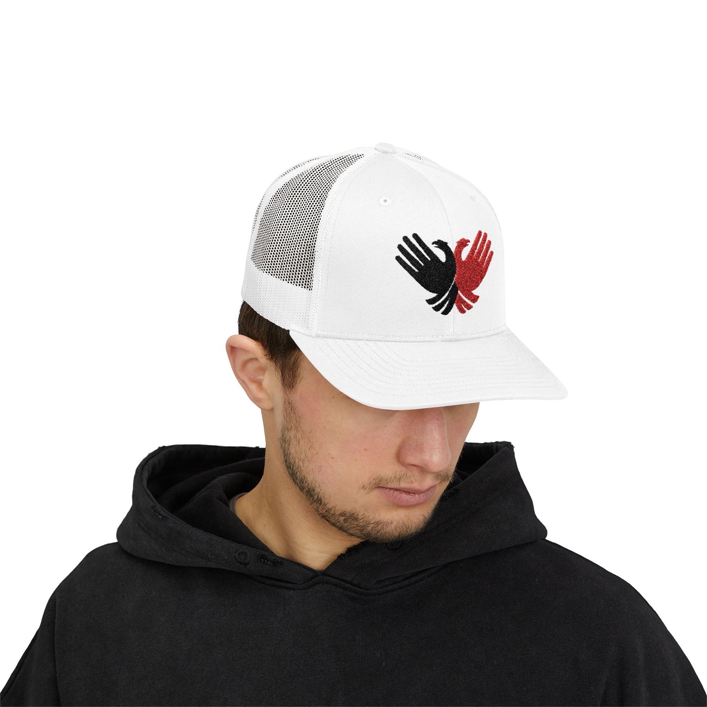 Albanian Pride Trucker Hat - Crossed Hands Double-Headed Eagle Design