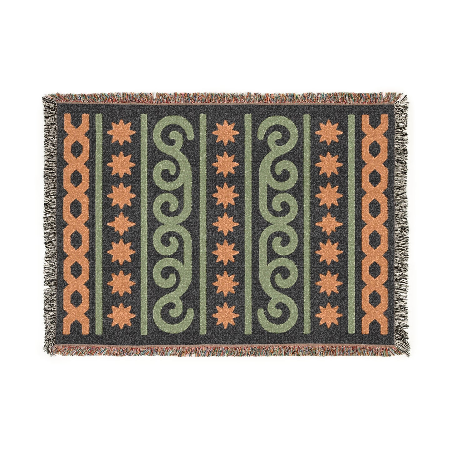 Black, Sage and Terracotta Boho Star & Wave Woven Throw Blanket - Illyrian Weave