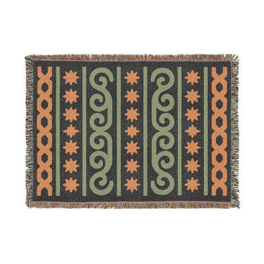 Black, Sage and Terracotta Boho Star & Wave Woven Throw Blanket - Illyrian Weave