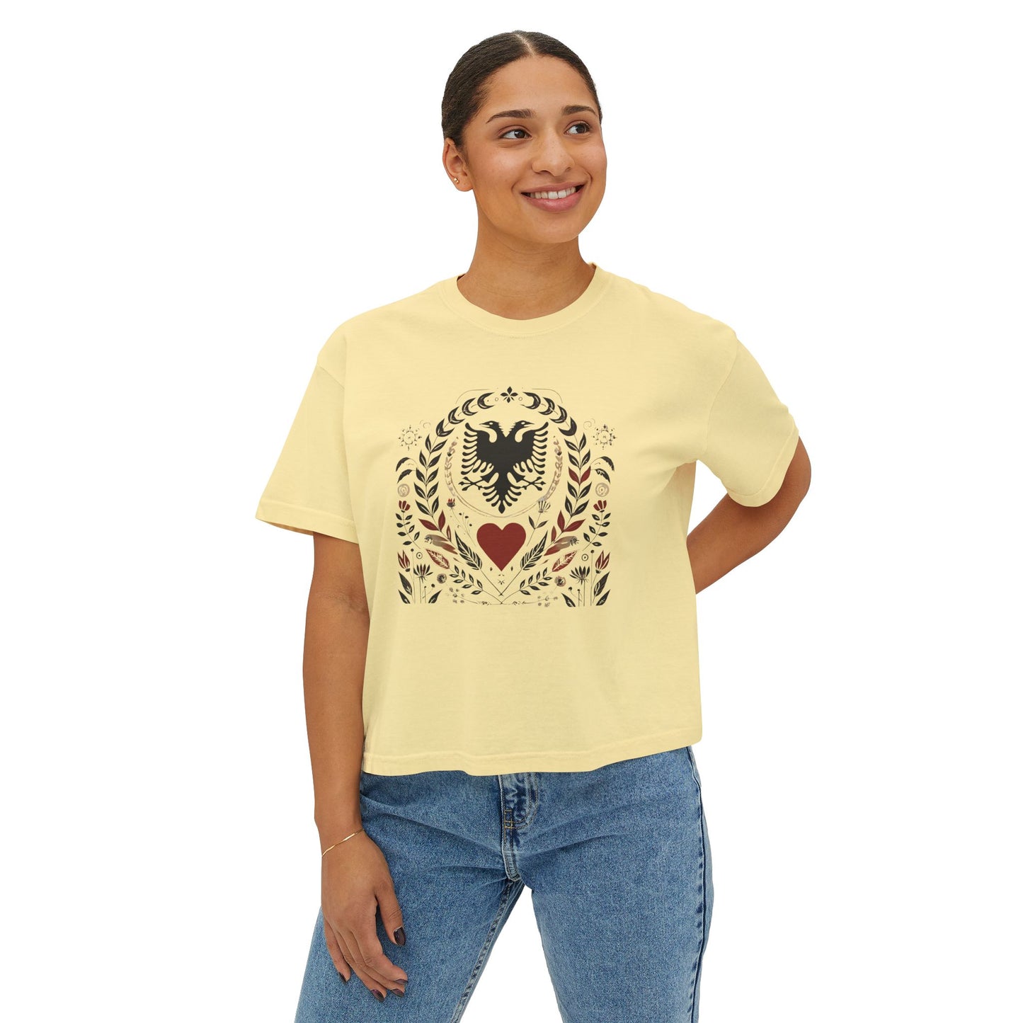 Albanian Heritage Tee – Double-Headed Eagle & Heart | Folk Art Oversized Boxy Fit