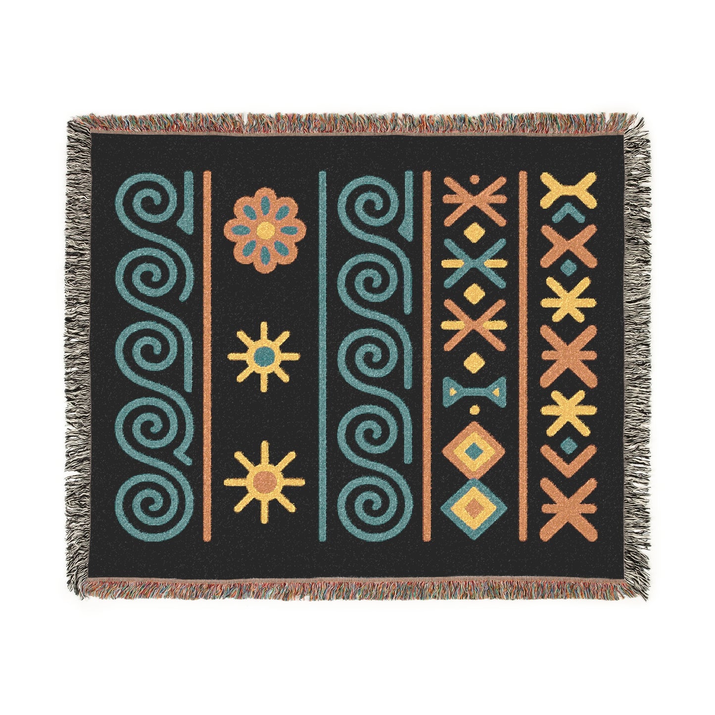 Black, Teal and Sunset Boho Sunburst Symbol Woven Throw Blanket - llyrian Weave