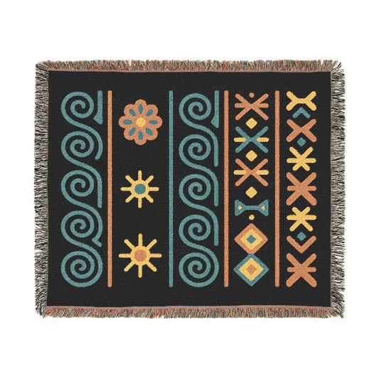Black, Teal and Sunset Boho Sunburst Symbol Woven Throw Blanket - llyrian Weave
