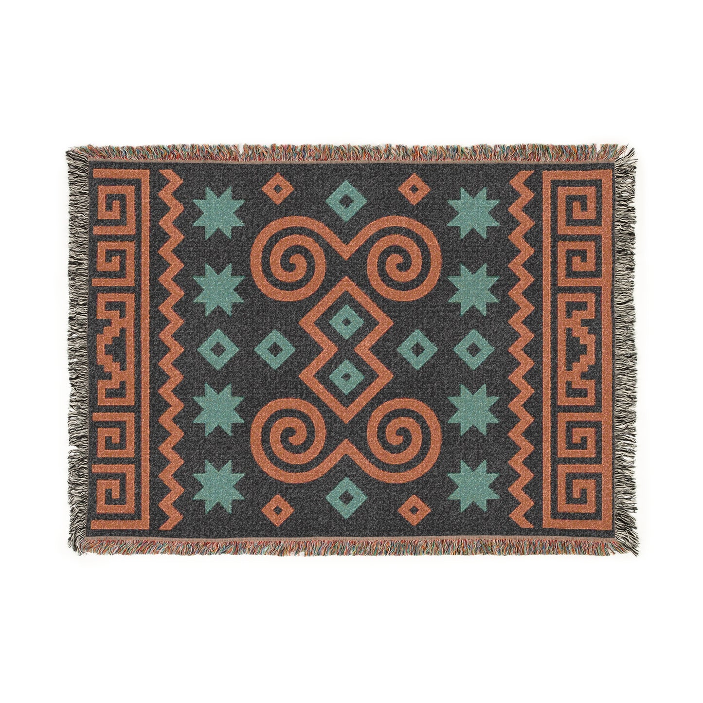 Black, Terracotta and Sage Boho Geometric Spiral Woven Throw Blanket - Illyrian Weave
