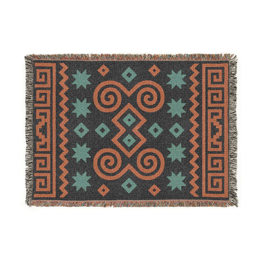 Black, Terracotta and Sage Boho Geometric Spiral Woven Throw Blanket - Illyrian Weave