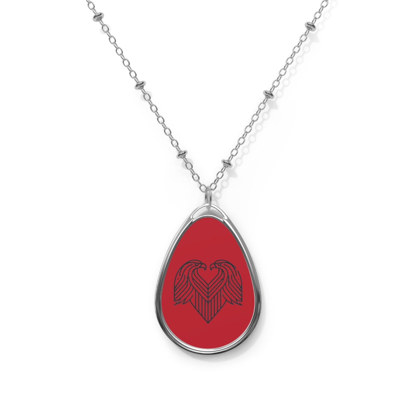 Red Oval Necklace with Heart Design of Eagles, Anniversary Gift, Unique Keepsake, Boho Style