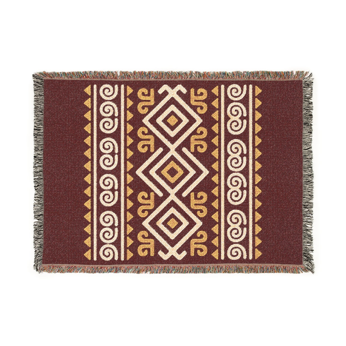 Burgundy, Gold & Cream Boho Tribal Diamond Woven Throw Blanket - Illyrian Weave