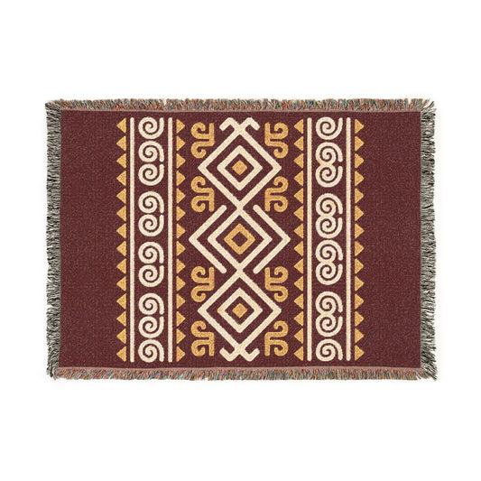 Burgundy, Gold & Cream Boho Tribal Diamond Woven Throw Blanket - Illyrian Weave