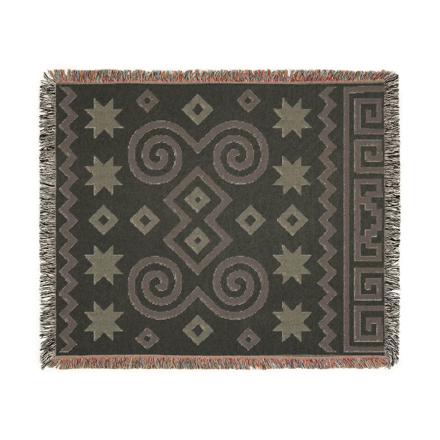 Cream & Charcoal Boho Geometric Spiral Woven Throw Blanket - Illyrian Weave
