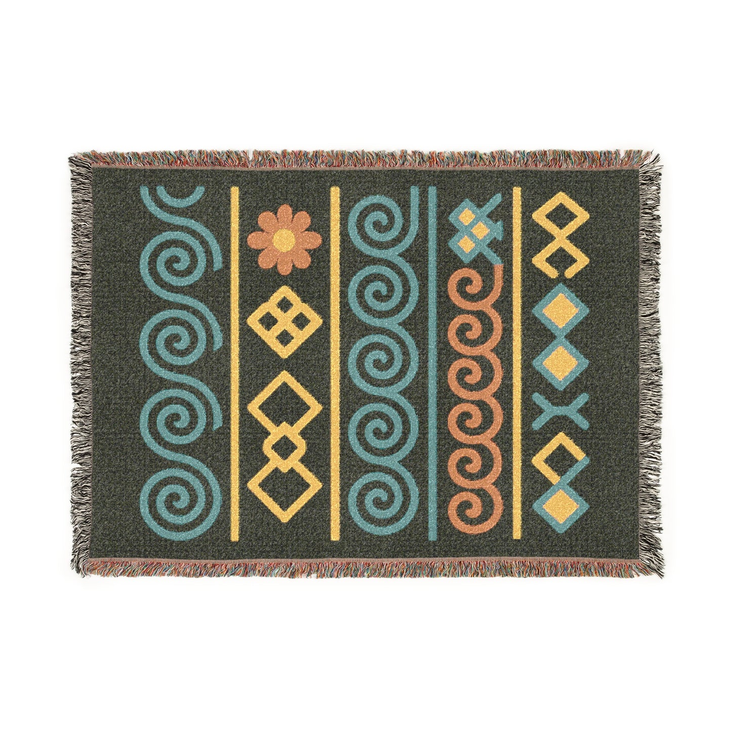 Forest Green, Teal & Sunset Boho Geometric Symbol Woven Throw Blanket - Illyrian Weave
