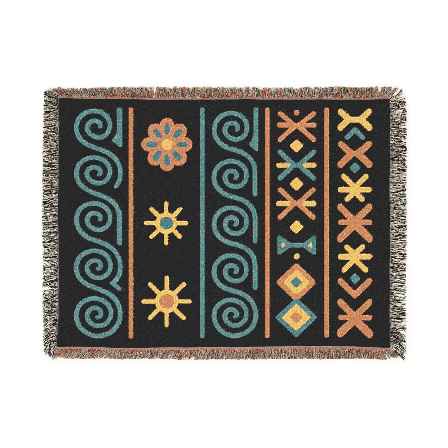 Black, Teal and Sunset Boho Sunburst Symbol Woven Throw Blanket - llyrian Weave