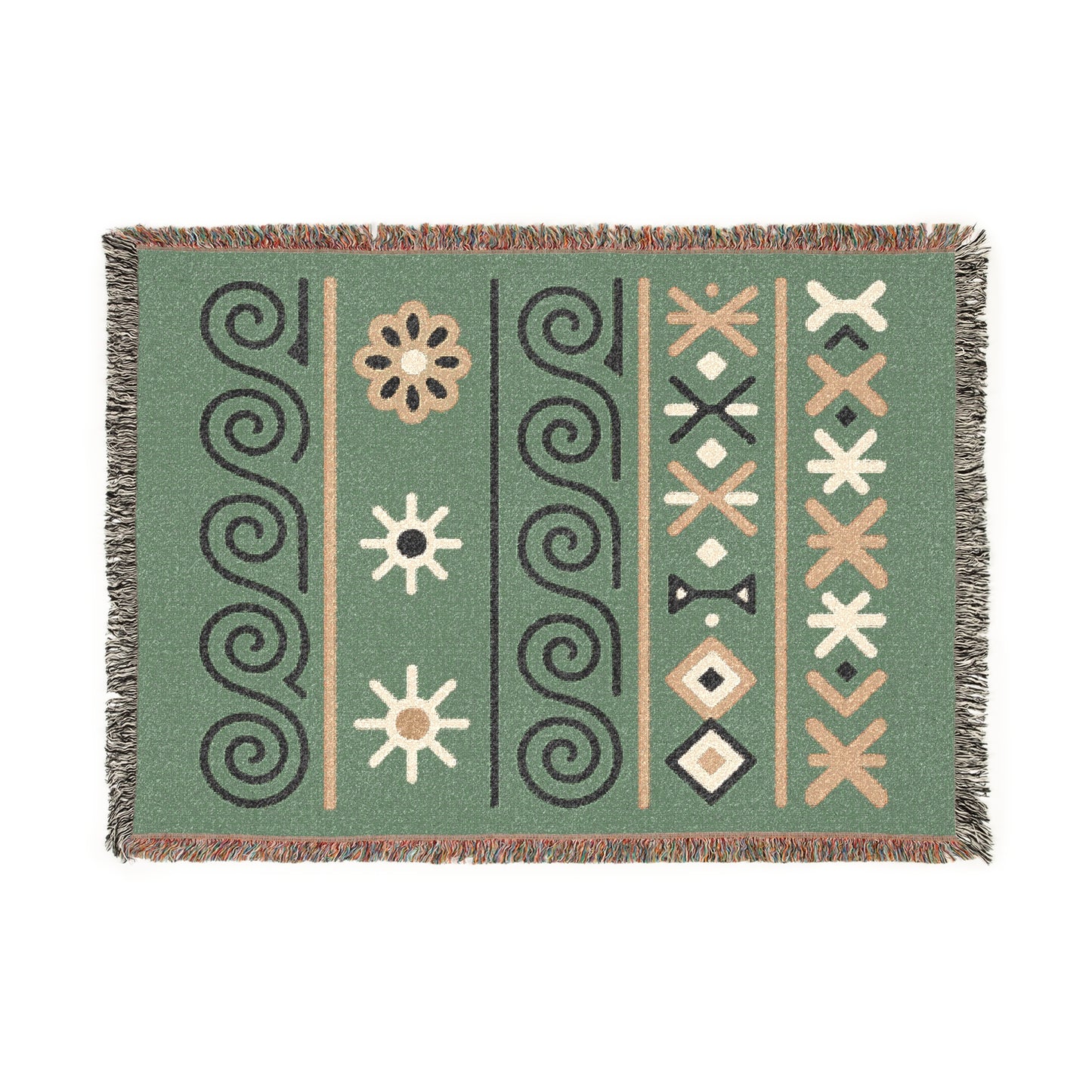 Sage Green, Black & Sand Boho Sunburst Symbol Woven Throw Blanket - llyrian Weave