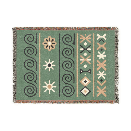 Sage Green, Black & Sand Boho Sunburst Symbol Woven Throw Blanket - llyrian Weave