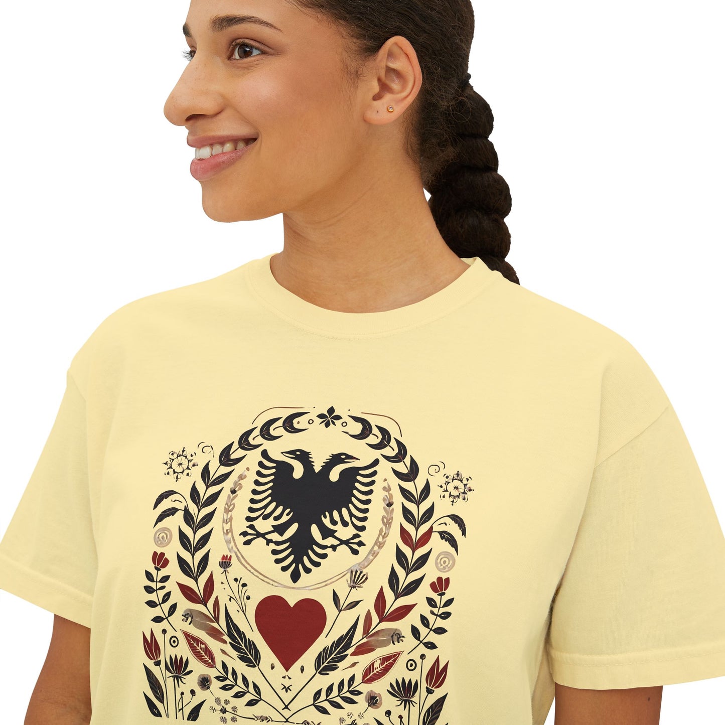 Albanian Heritage Tee – Double-Headed Eagle & Heart | Folk Art Oversized Boxy Fit