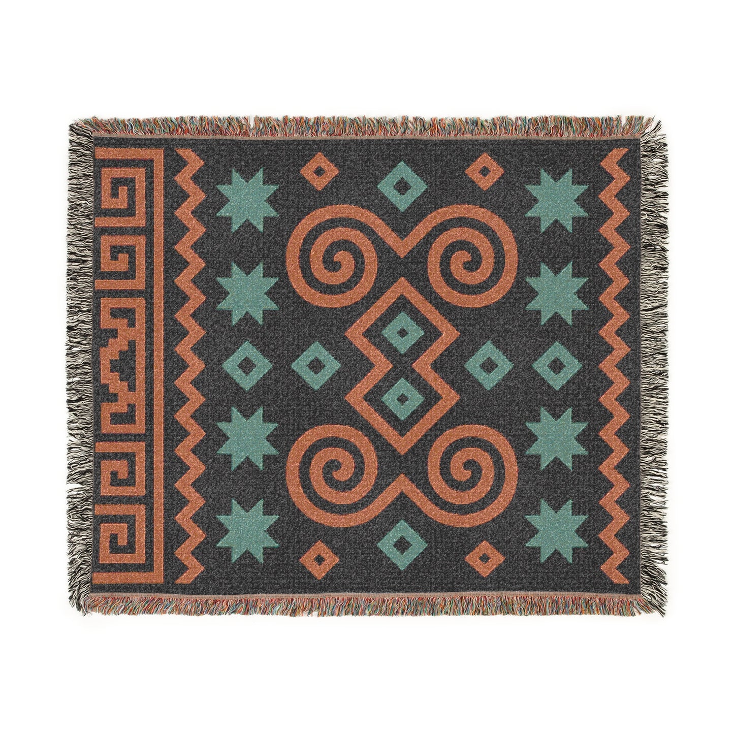Black, Terracotta and Sage Boho Geometric Spiral Woven Throw Blanket - Illyrian Weave
