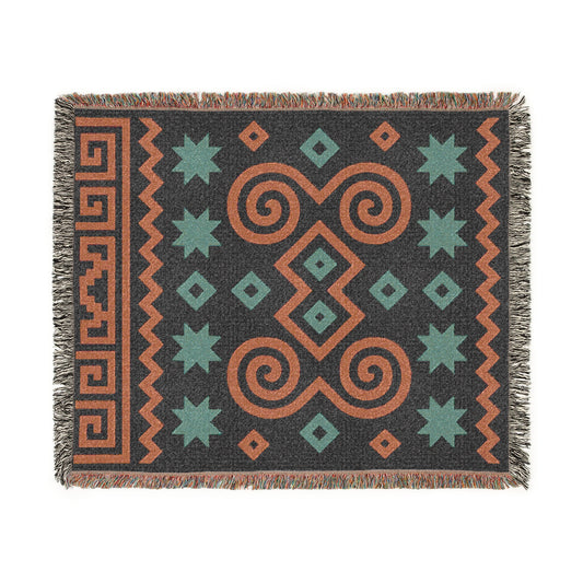 Black, Terracotta and Sage Boho Geometric Spiral Woven Throw Blanket - Illyrian Weave