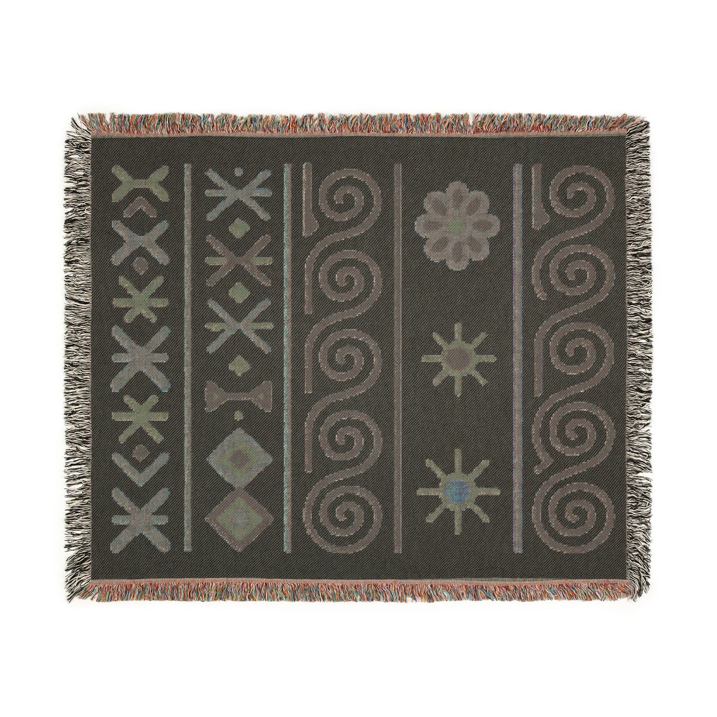 Cream, Charcoal & Taupe Boho Sun and Geometric Woven Throw Blanket - Illyrian Weave