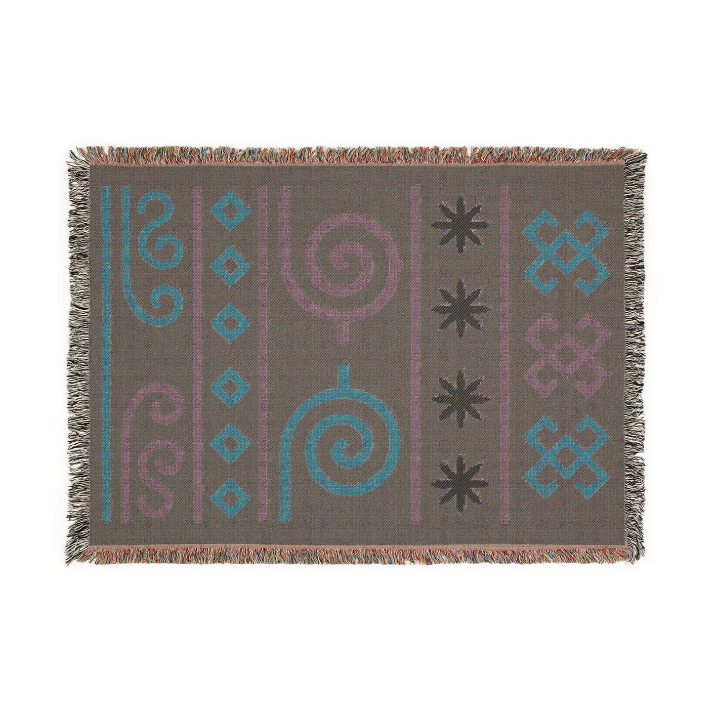 Navy, Terracotta & Sage Boho Tribal Symbol Woven Throw Blanket - Illyrian Weave