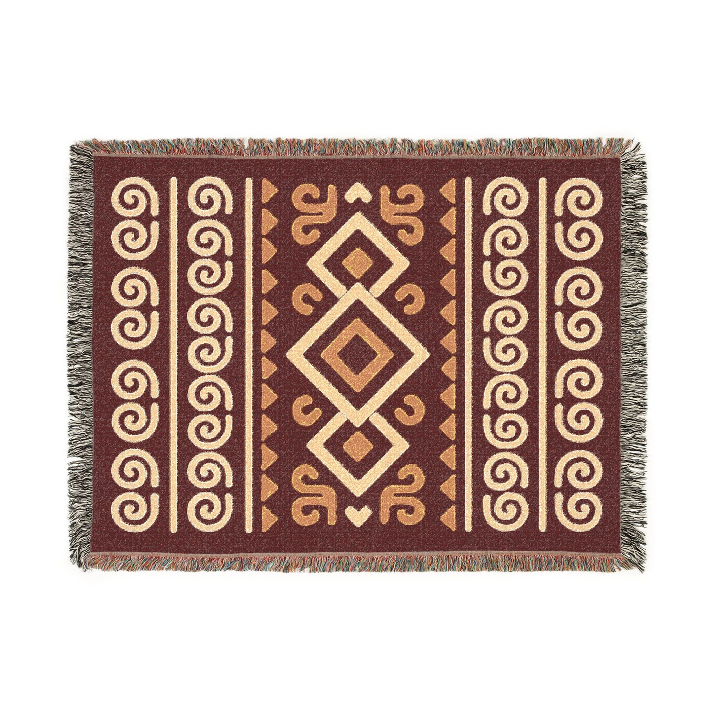 Burgundy, Gold & Cream Boho Diamond Spiral Woven Throw Blanket - Illyrian Weave