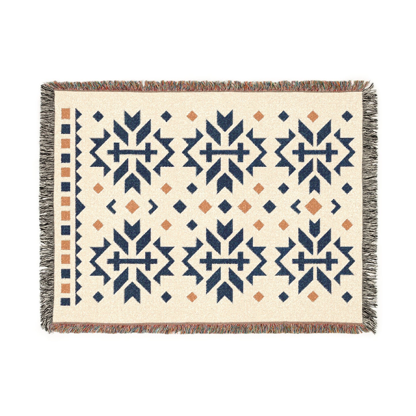 Navy, Gold & Cream Boho Folk Cross Pattern Woven Throw Blanket - Illyrian Weave