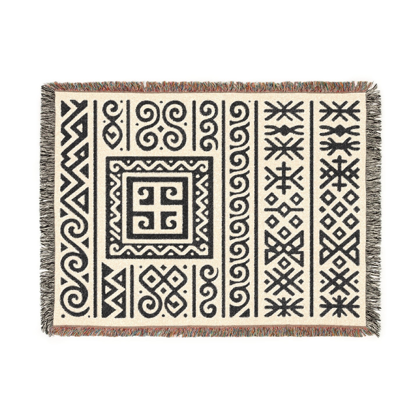 Cream & Charcoal Boho Heritage Geometric Woven Throw Blanket - Illyrian Weave