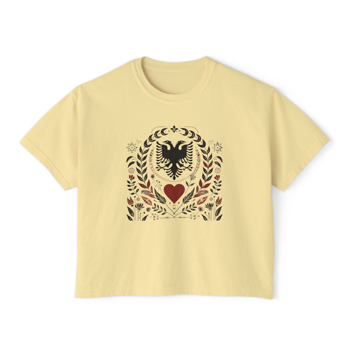 Albanian Heritage Tee – Double-Headed Eagle & Heart | Folk Art Oversized Boxy Fit