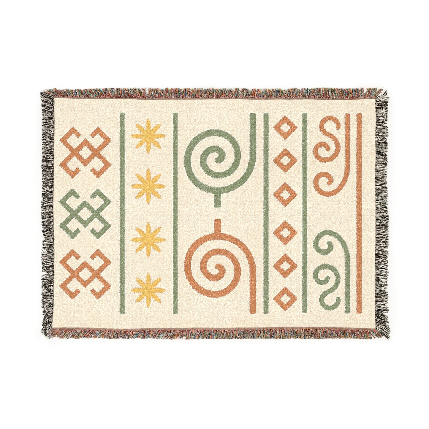 Sage, Terracotta & Gold Boho Tribal Symbol Woven Throw Blanket - Illyrian Weave
