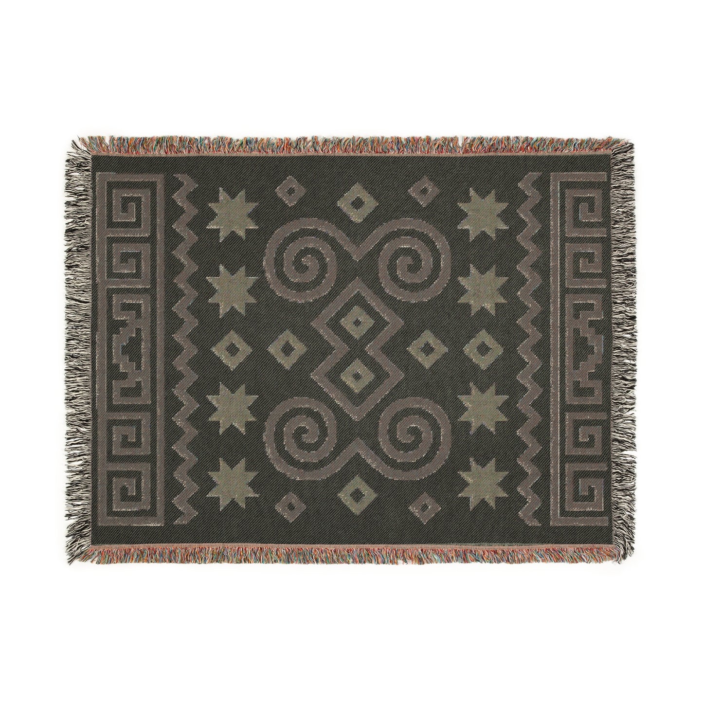 Cream & Charcoal Boho Geometric Spiral Woven Throw Blanket - Illyrian Weave