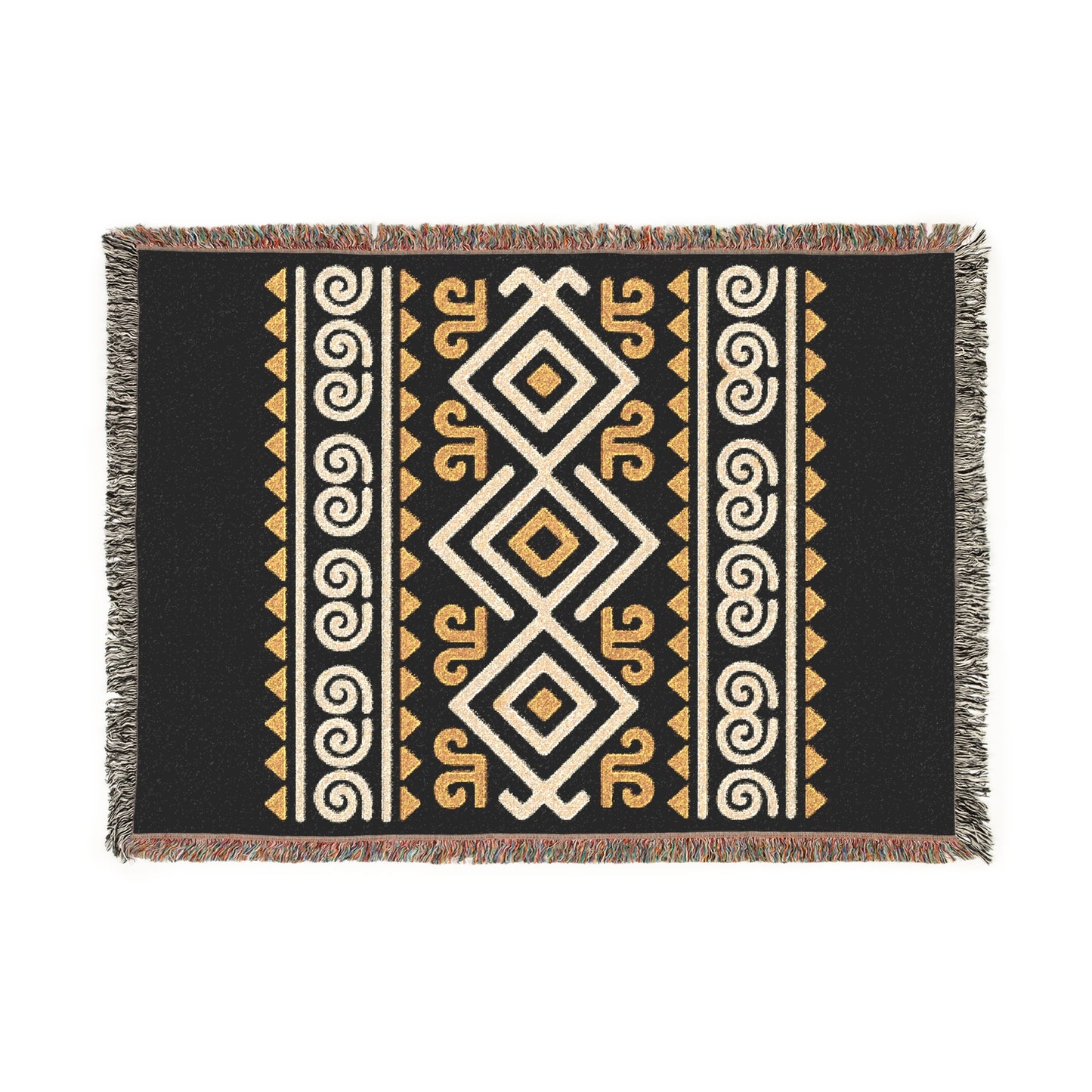Black, Gold & Cream Boho Tribal Diamond Woven Throw Blanket - Illyrian Weave