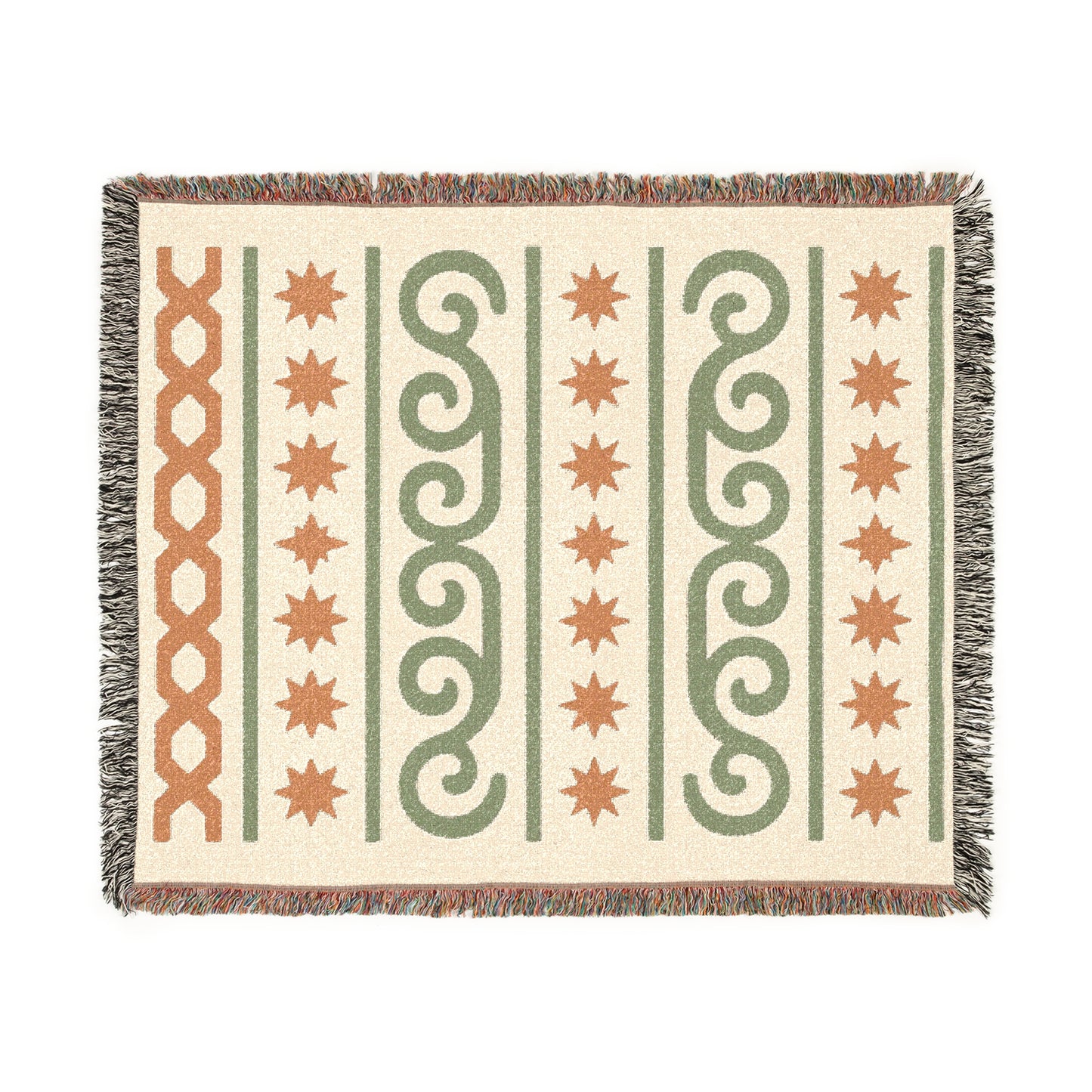 Cream, Sage and Terracotta Boho Star & Wave Woven Throw Blanket - Illyrian Weave