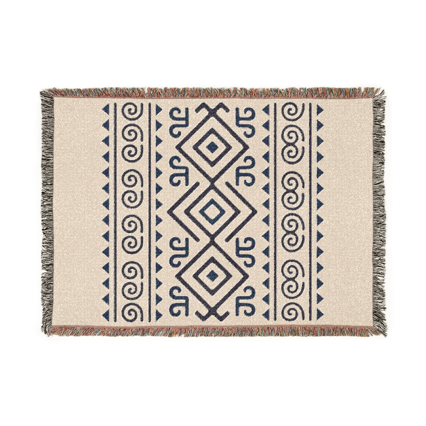 Cream & Deep Navy Boho Diamond and Spiral Woven Throw Blanket - Illyrian Weave