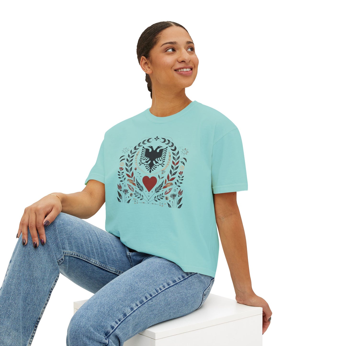 Albanian Heritage Tee – Double-Headed Eagle & Heart | Folk Art Oversized Boxy Fit