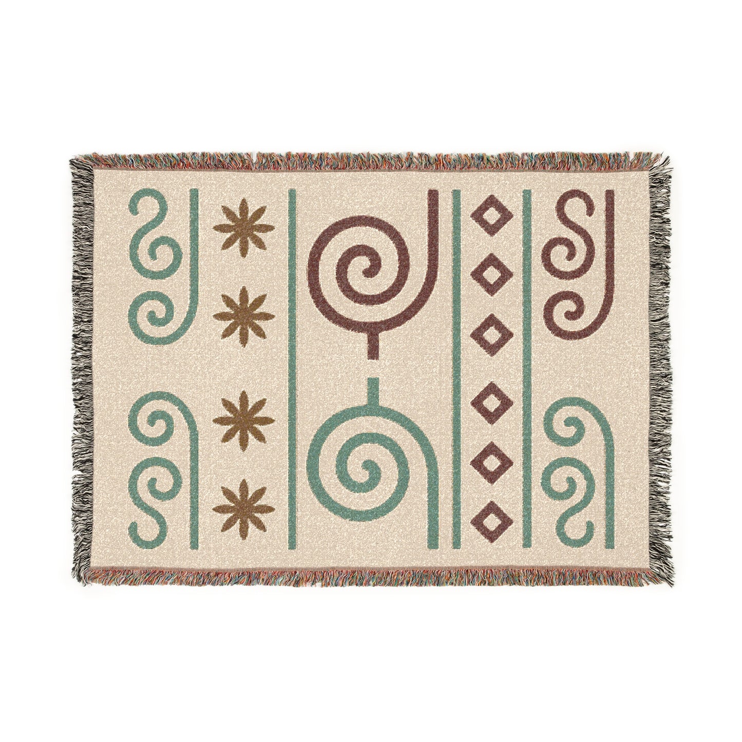 Cream, Teal and Cocoa Boho Spiral & Diamond Woven Throw Blanket - Illyrian Weave