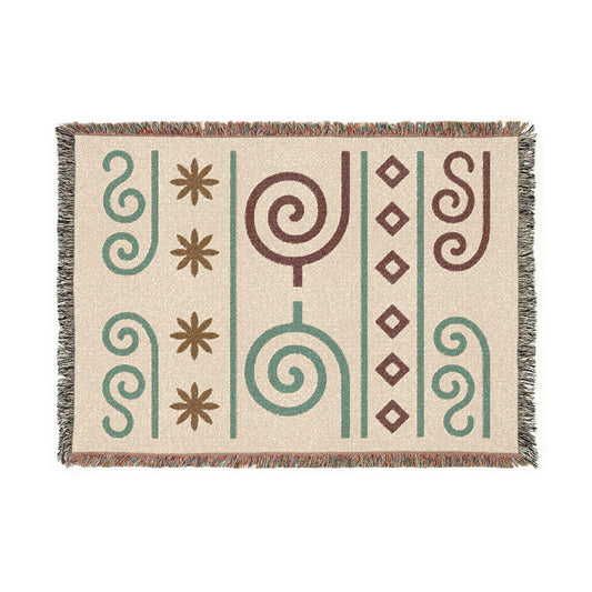 Cream, Teal and Cocoa Boho Spiral & Diamond Woven Throw Blanket - Illyrian Weave