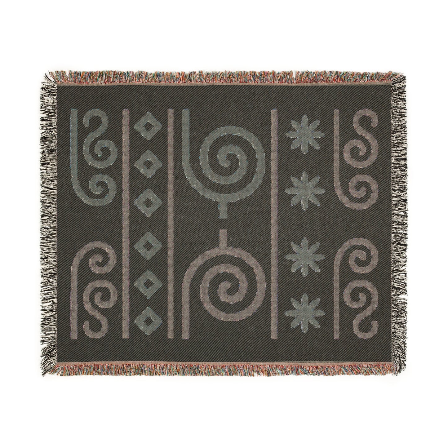 Cream, Teal and Cocoa Boho Spiral & Diamond Woven Throw Blanket - Illyrian Weave
