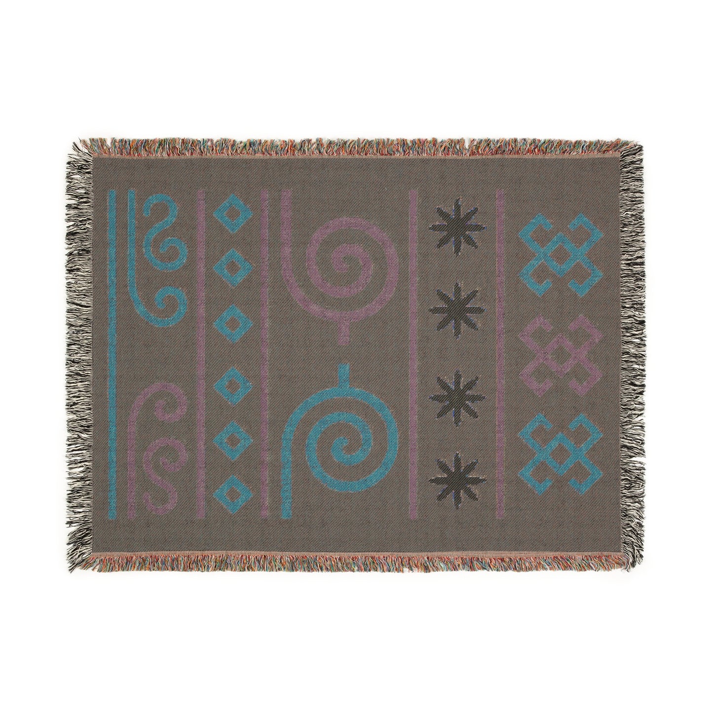 Navy, Terracotta & Sage Boho Tribal Symbol Woven Throw Blanket - Illyrian Weave